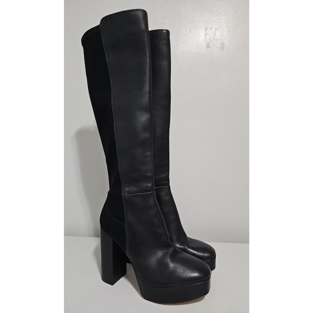Stuart Weitzman Leather Knee High Boot Womens 9 Black Square Toe Party Platform - Picture 2 of 16